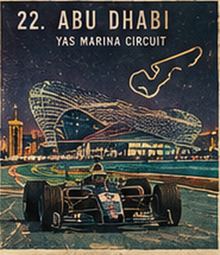 Night poster of Yas Marina: an open-wheel car, the lit hotel, and the circuit line.