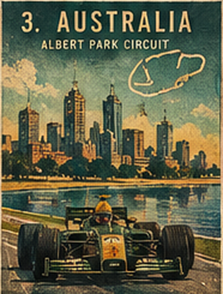 Poster of Albert Park: a green open-wheel car by the water, the Melbourne skyline, and the circuit line.