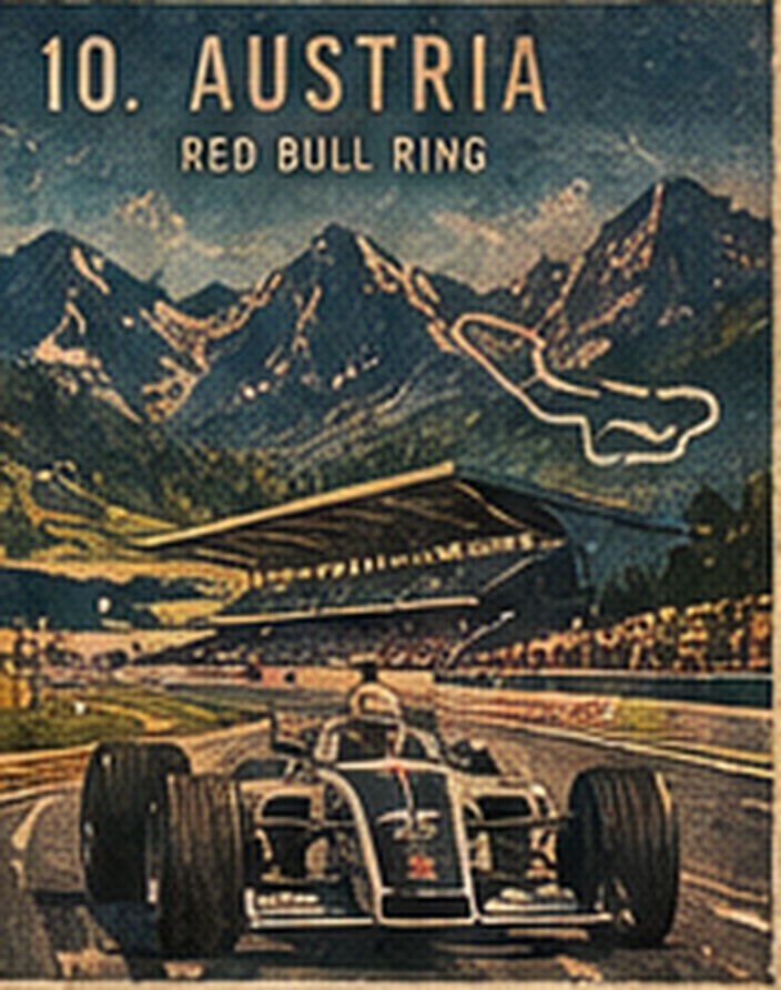 Poster of the Red Bull Ring: an open-wheel car, a mountain grandstand, and alpine peaks.