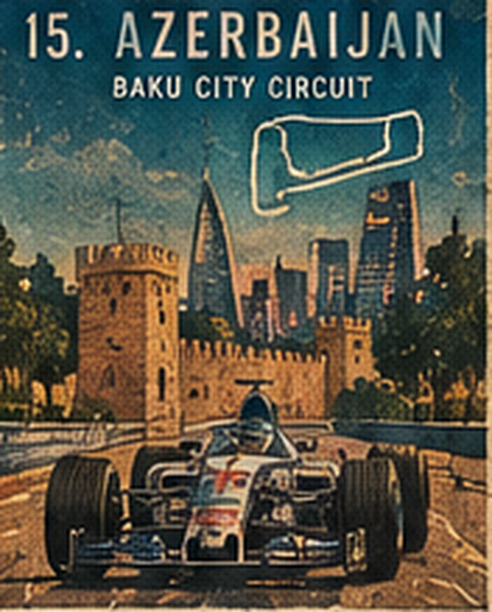 Poster of the Baku City Circuit: an open-wheel car between old stone walls and the glass skyline.