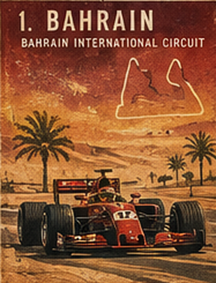 Poster of the Bahrain International Circuit: a red open-wheel car, desert light, palms, and a white line of the track.