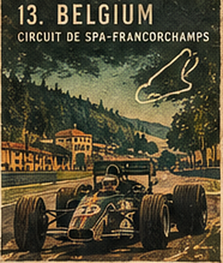 Poster of Spa-Francorchamps: a dark green open-wheel car in the forest and the circuit line.