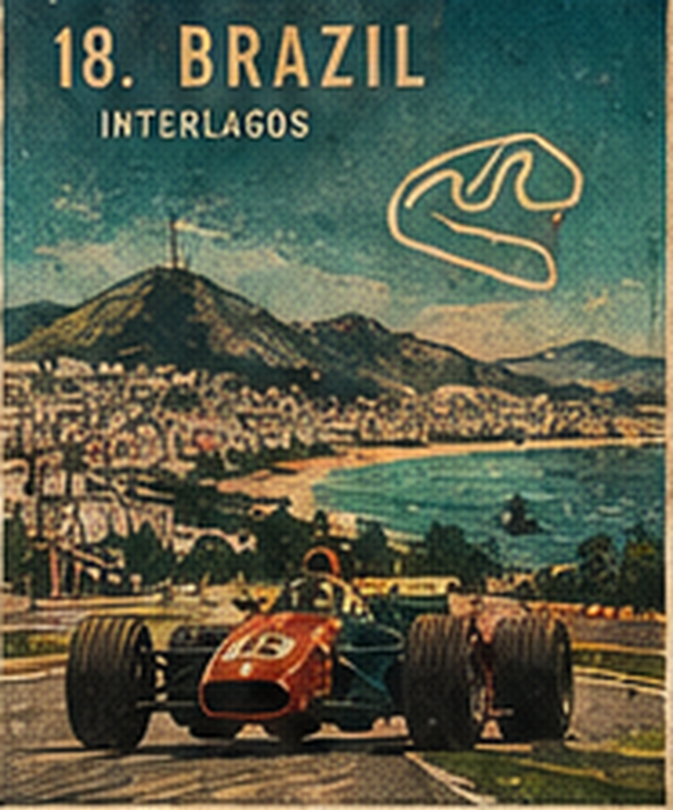 Poster of Interlagos: a red open-wheel car, the city and hills, and the circuit line.