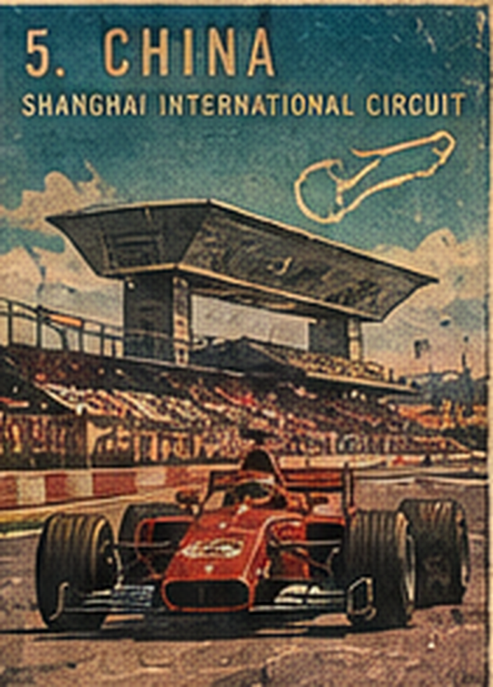 Poster of the Shanghai International Circuit: a red open-wheel car, the grandstand, and the track outline.