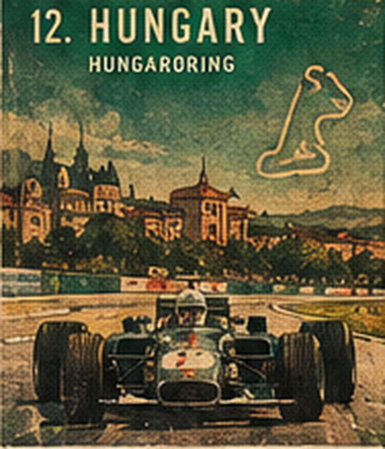 Poster of the Hungaroring: an open-wheel car with a hill town behind and the circuit line in the sky.