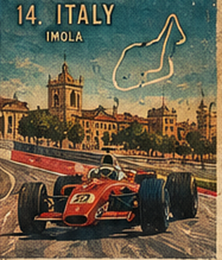 Poster of Imola: a red open-wheel car, a town with a tall church, and the circuit line.