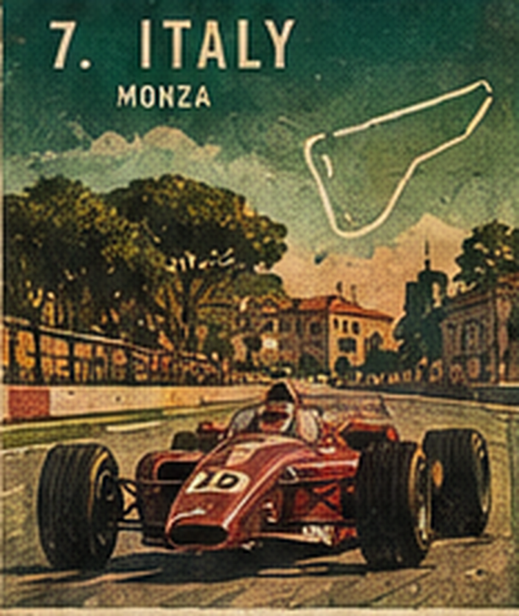 Poster of Monza: a red open-wheel car on the park straight, trees and houses behind, and the circuit line.