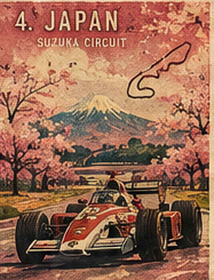 Poster of Suzuka: a red and white open-wheel car, cherry blossom, Mount Fuji, and the circuit line.