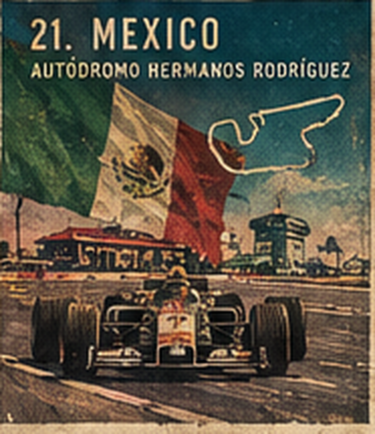 A second Mexico City poster: an open-wheel car, the Mexican flag, and the Autódromo Hermanos Rodríguez line.