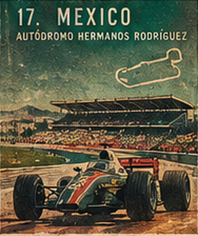 Poster of the Autódromo Hermanos Rodríguez: an open-wheel car and the grandstands of the Mexico City circuit.