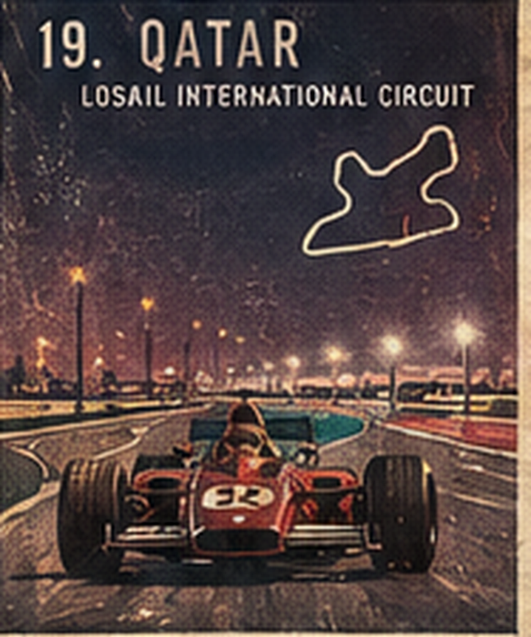 Night poster of Losail: a red open-wheel car under floodlights and the circuit line.