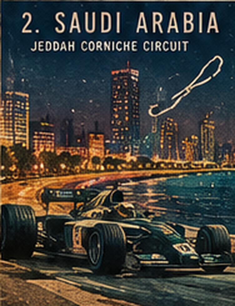 Night poster of the Jeddah Corniche Circuit: a dark open-wheel car, a lit waterfront skyline, and the track drawn in the sky.