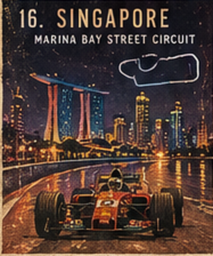Night poster of Marina Bay: an open-wheel car, the lit waterfront, and the circuit line.