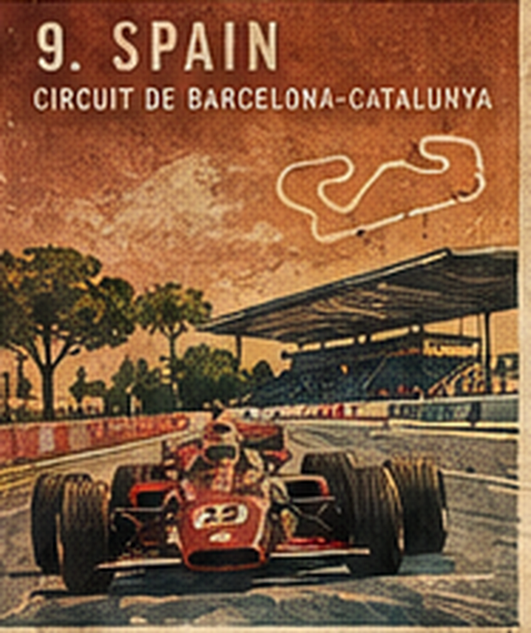 Poster of the Circuit de Barcelona-Catalunya: a red open-wheel car, a grandstand, and the track outline.
