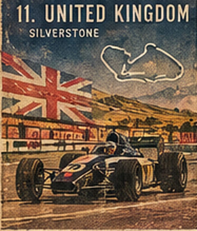 Poster of Silverstone: a dark open-wheel car, a Union flag, and the circuit line over the hills.