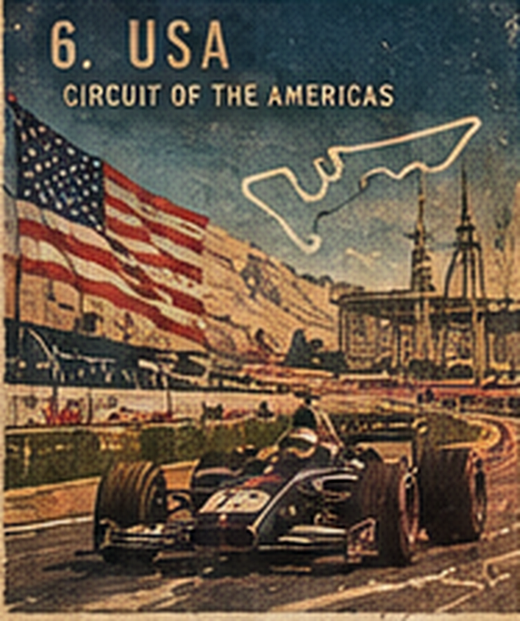 Poster of the Circuit of the Americas: an open-wheel car, a large United States flag, and the circuit line.