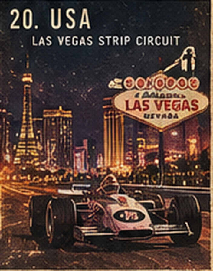 Night poster of the Las Vegas Strip Circuit: an open-wheel car, neon, and the tower. The sign lettering on the poster is decorative, not a faithful street sign.